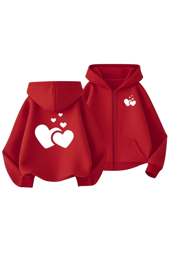 Girls' Zip up Hoodies Casual Long Sleeve Heart Printed Hooded Sweatshirts Fleece Outwear Jackets with Pockets(Red,12-13 Years)
