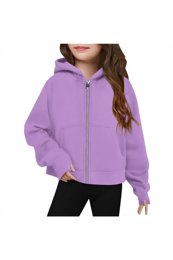 Girls' Zip up Hoodies Casual Long Sleeve Hooded Cropped Sweatshirts Fleece Outwear Jackets with Pockets Thumb Holes(Purple,5-6 Years)