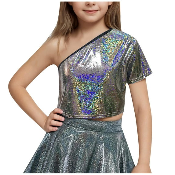 Lenpel Girls' off One Shoulder Crop Tops Asymmetrical Neck Short Sleeve Shiny T Shirts Sparkly Dancewear Tops