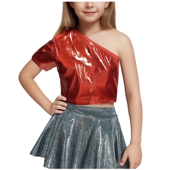Lenpel Girls' off One Shoulder Crop Tops Asymmetrical Neck Short Sleeve Shiny T Shirts Sparkly Dancewear Tops