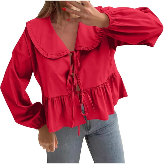 Lenpel Going out Tops for Women Trendy Fall Long Sleeve Tie Front Babydoll Neck Shirts Solid Color Blouses