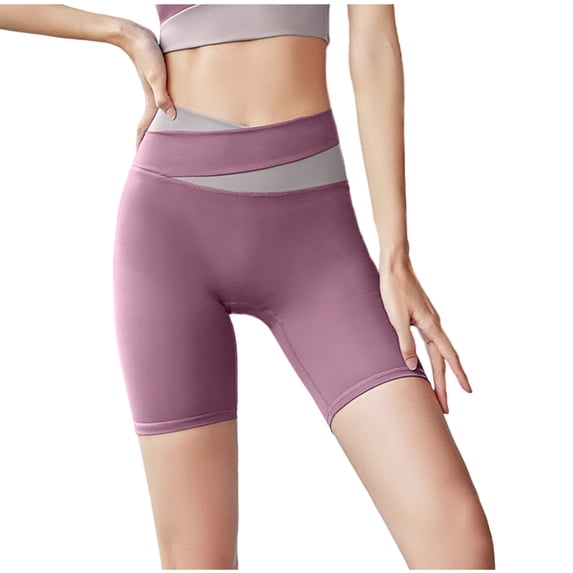 Lenpel Gym Shorts for Women Crossover High Waisted Color Block Workout Yoga Shorts Running Biker Shorts