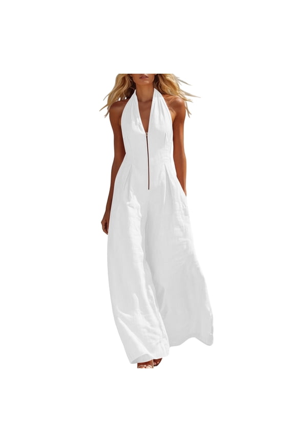 Halter Jumpsuits for Women Sleeveless Zipper Front Baggy Jumpers Flowy Soft Comfy Wide Leg Rompers Beach Vacation Outfits