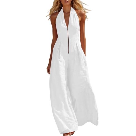 Lenpel Halter Jumpsuits for Women Sleeveless Zipper Front Baggy Jumpers Flowy Soft Comfy Wide Leg Rompers Beach Vacation Outfits