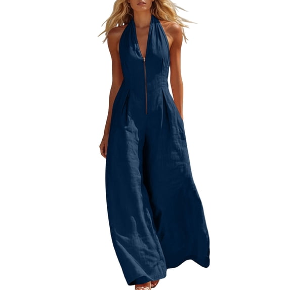 Lenpel Halter Jumpsuits for Women Sleeveless Zipper Front Baggy Jumpers Flowy Soft Comfy Wide Leg Rompers Beach Vacation Outfits