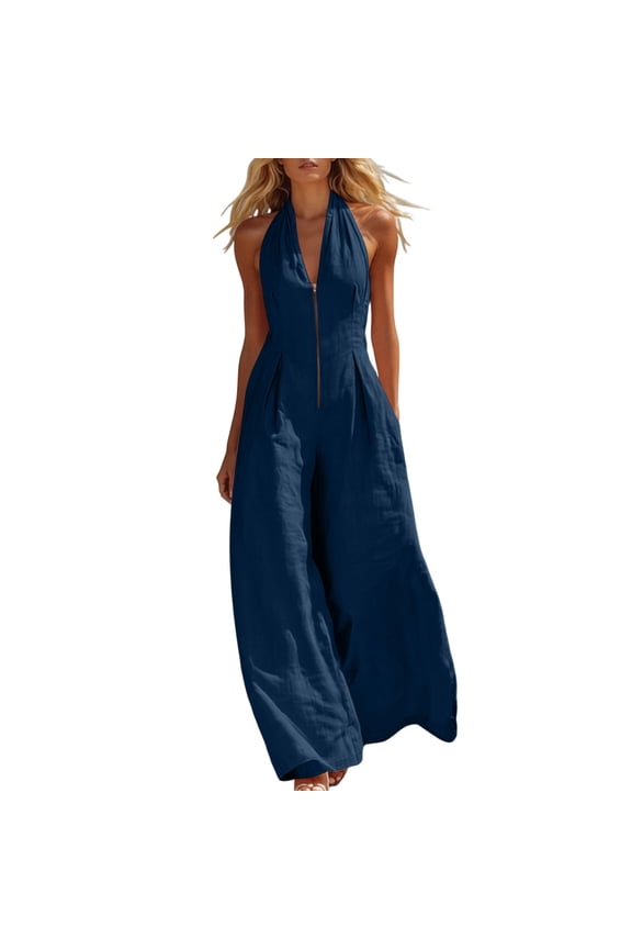 Halter Jumpsuits for Women Sleeveless Zipper Front Baggy Jumpers Flowy Soft Comfy Wide Leg Rompers Beach Vacation Outfits