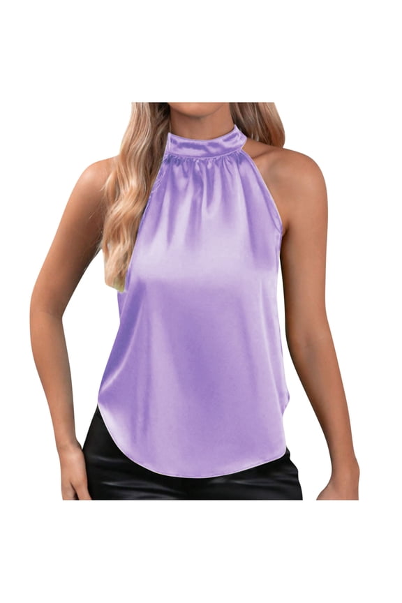Halter Tops for Women Fashion Summer Casual Mock Neck Satin Sleeveless Tunic Blouses Dressy Tank Tops