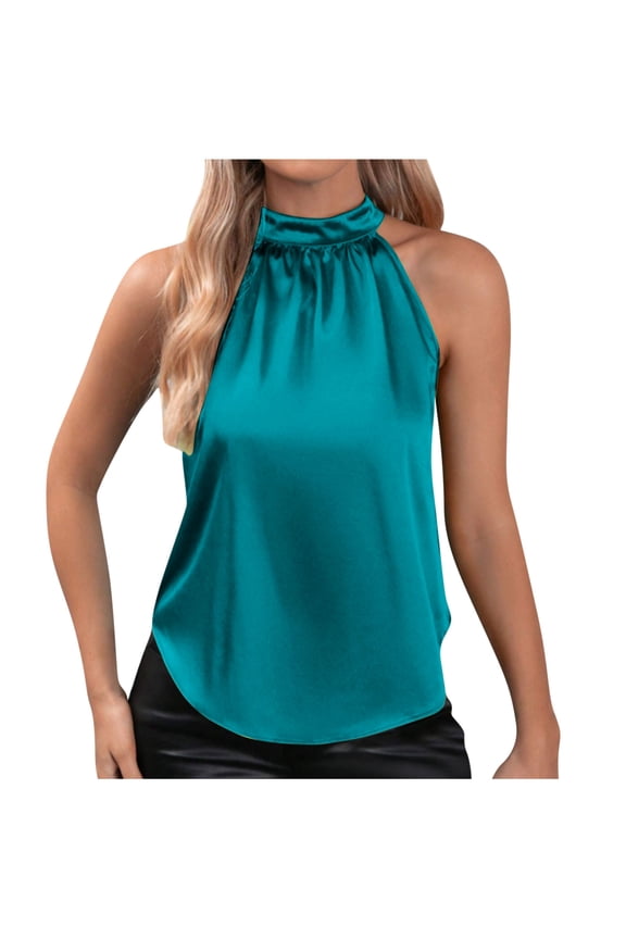 Halter Tops for Women Fashion Summer Casual Mock Neck Satin Sleeveless Tunic Blouses Dressy Tank Tops