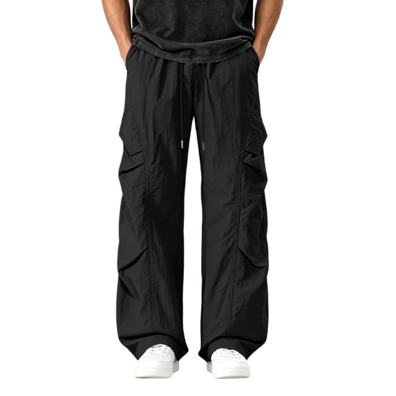 Lenpel Hiking Pants for Men Athletic Elastic Waist Wide Leg Sportswear with Pockets Drawstring Casual Ruched Workout Trousers(Black,XX-Large)