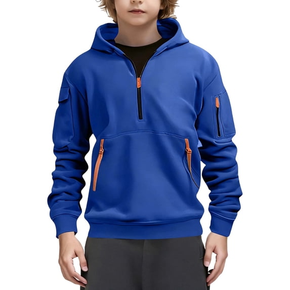 Lenpel Hoodies for Boys Kids Casual Long Sleeve Half Zip Hooded Sweatshirts Pullover Sweatshirt Tops with Pockets(Blue,7-8 Years)