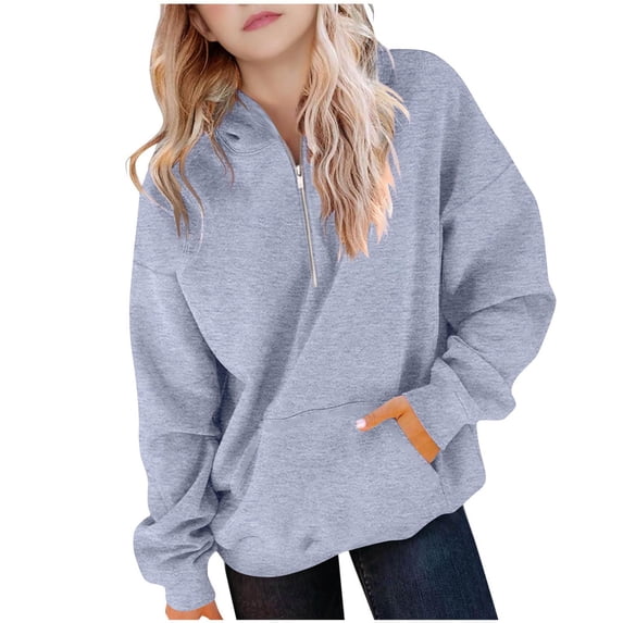 Lenpel Hoodies for Girls Boys Casual Long Sleeve Half Zip Hooded Sweatshirts Pullover Sweatshirt Tops with Pocket(Gray,12-13 Years)