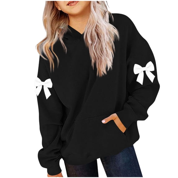 Lenpel Hoodies for Girls Casual Long Sleeve Bow Knots Pullover Sweatshirt Tops Fall Winter Clothes with Pocket(Black,3-4 Years)