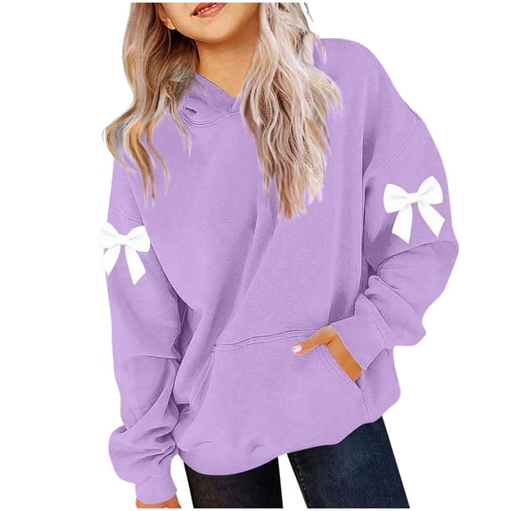 Lenpel Hoodies for Girls Casual Long Sleeve Bow Knots Pullover Sweatshirt Tops Fall Winter Clothes with Pocket(Purple,12-13 Years)