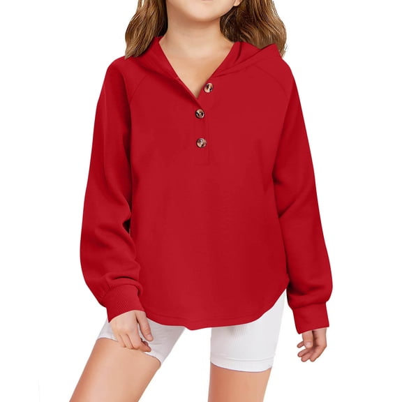 Lenpel Hoodies for Girls Casual Long Sleeve Half Button Curved Hem Hooded Sweatshirts Pullover Sweatshirt Tops(Red,12-13 Years)