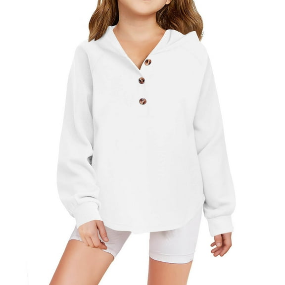 Lenpel Hoodies for Girls Casual Long Sleeve Half Button Curved Hem Hooded Sweatshirts Pullover Sweatshirt Tops(White,10-11 Years)