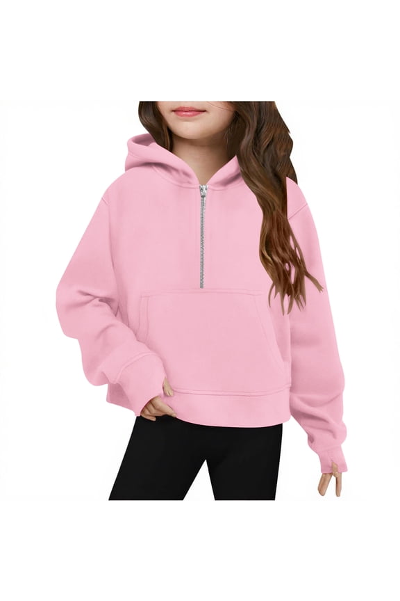 Hoodies for Girls Casual Long Sleeve Half Zip Hooded Cropped Sweatshirts Pullover Sweatshirt Tops with Thumb Holes(Pink,7-8 Years)