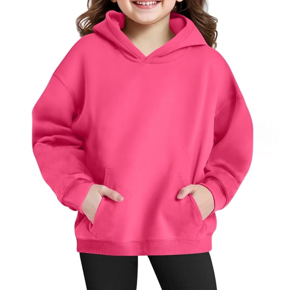 Lenpel Hoodies for Girls Kids Casual Long Sleeve Solid Color Hooded Sweatshirts Pullover Sweatshirt Tops with Pocket(Hot Pink,13-14 Years)