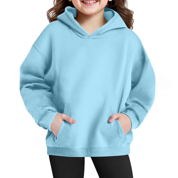 Lenpel Hoodies for Girls Kids Casual Long Sleeve Solid Color Hooded Sweatshirts Pullover Sweatshirt Tops with Pocket(Light Blue,7-8 Years)