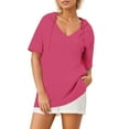thumbnail image 1 of Lenpel Hoodies for Women Trendy Summer Short Sleeve V Neck Curved Hem Pullover Tunic Tops Loose Casual Blouses, 1 of 6