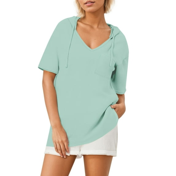 Lenpel Hoodies for Women Trendy Summer Short Sleeve V Neck Curved Hem Pullover Tunic Tops Loose Casual Blouses