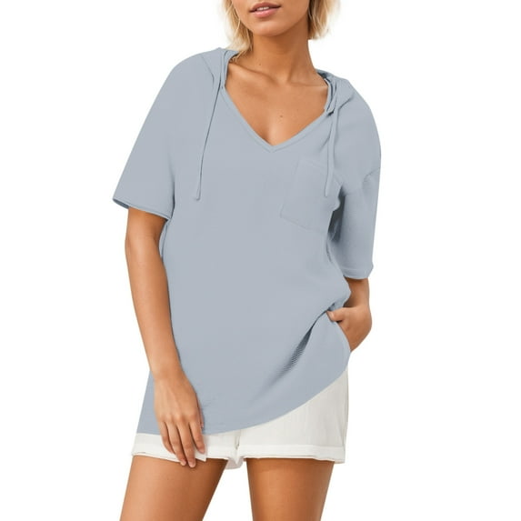 Lenpel Hoodies for Women Trendy Summer Short Sleeve V Neck Curved Hem Pullover Tunic Tops Loose Casual Blouses