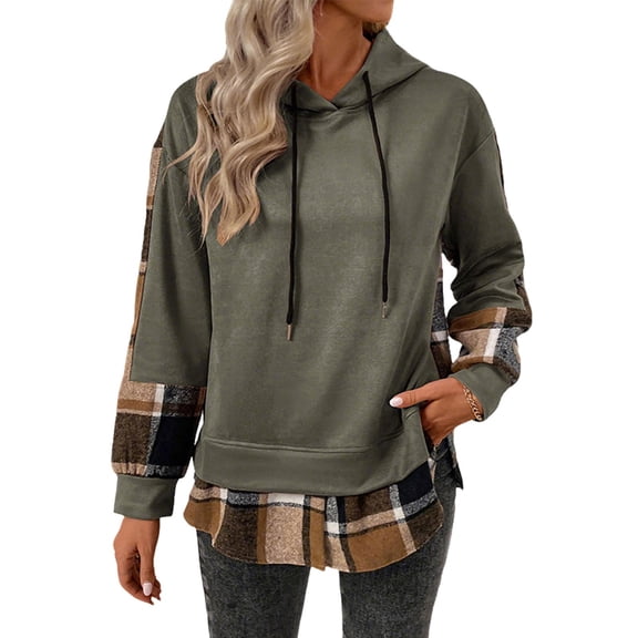 Lenpel Hoodies for Women Casual Long Sleeve Drawstring Patchwork Plaid Hooded Sweatshirts Fashion Fall Winter Clothes(Army Green,Small)