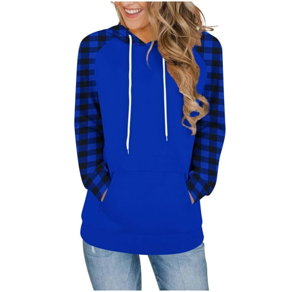 Lenpel Hoodies for Women Casual Long Sleeve Plaid Color Block Drawstring Pullover Sweatshirts Loose Tunic Tops(Blue,Large)