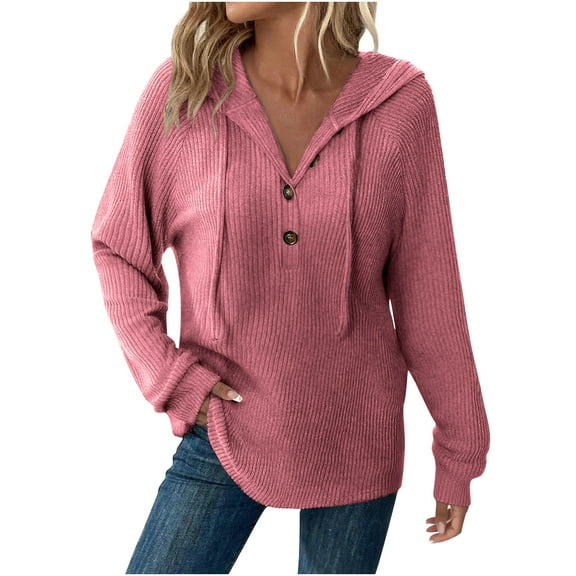 Lenpel Hoodies for Women Fashion Long Sleeve Half Button Drawstring Ribbed Knit Pullover Tunic Tops Soft Casual Sweatshirts(Pink,X-Large)