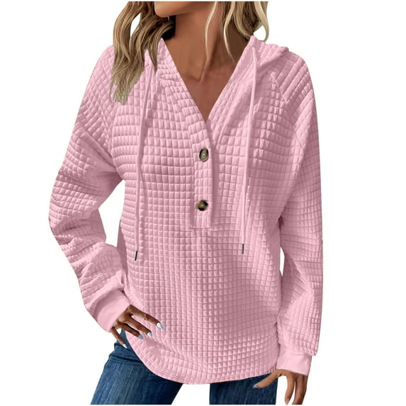 Lenpel Hoodies for Women Long Sleeve Half Button V Neck Textured Pullover Sweatshirts Fashion Fall Outfits