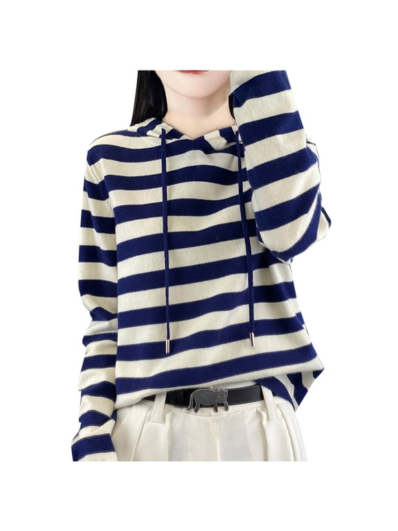 Hoodies for Women Soft Casual Long Sleeve Striped Drawstring Hooded Knit Sweater Tops Loose Pullover Sweaters(Blue,Medium)