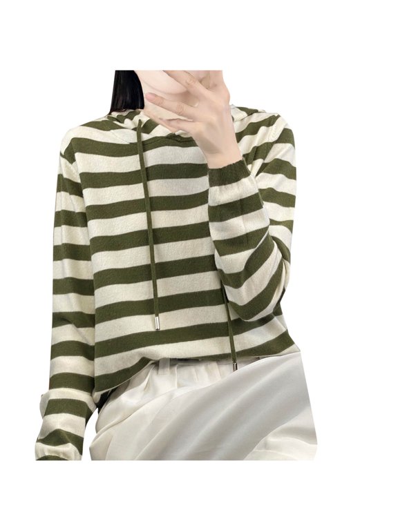 Hoodies for Women Soft Casual Long Sleeve Striped Drawstring Hooded Knit Sweater Tops Loose Pullover Sweaters(Green,Large)
