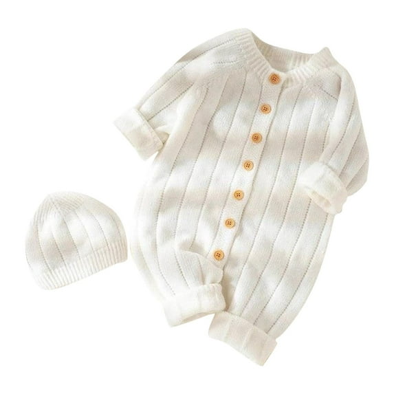 Lenpel Infant Baby Sweater Romper Soft Warm Long Sleeve Button down Knit Jumpsuit Unisex Newborn Clothes with Hat Set