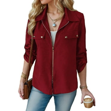 Lenpel Jackets for Women Roll Tab Sleeve Full Zip up 2025 Fall Trendy Casual Jacket Lightweight Cargo Coats