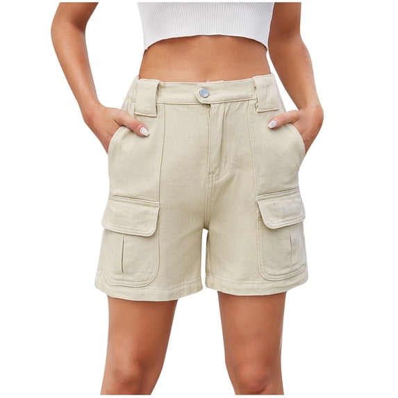 Lenpel Jean Shorts for Women Trendy Elastic High Waisted Mid Thigh Cargo Denim Shorts Summer Casual Shorts with Pockets
