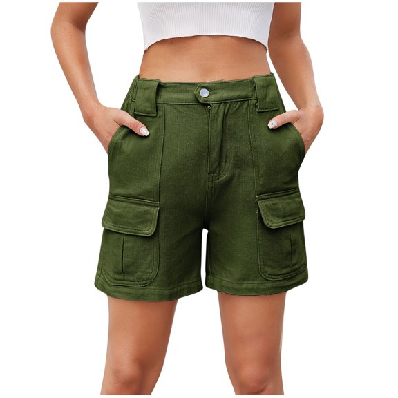 Lenpel Jean Shorts for Women Trendy Elastic High Waisted Mid Thigh Cargo Denim Shorts Summer Casual Shorts with Pockets