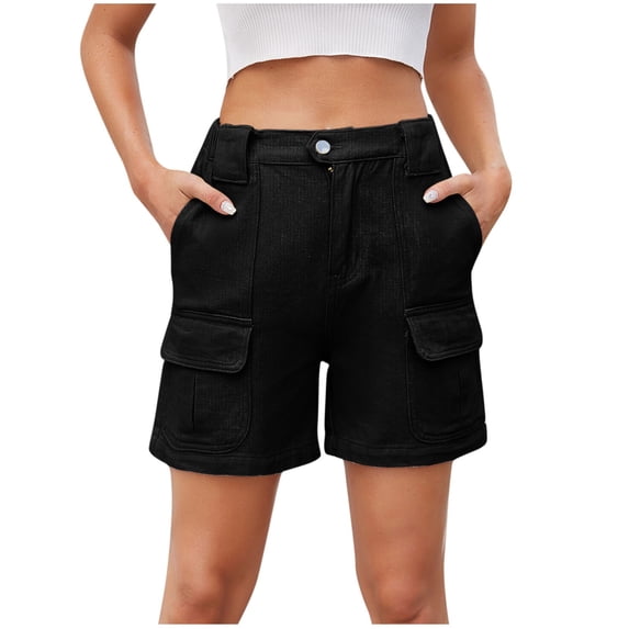 Lenpel Jean Shorts for Women Trendy Elastic High Waisted Mid Thigh Cargo Denim Shorts Summer Casual Shorts with Pockets
