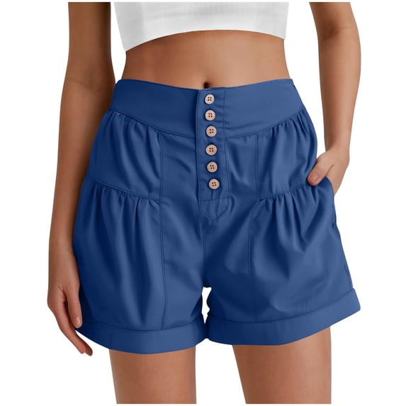 Lenpel Jean Shorts for Women Elastic High Waisted Ruffle Hem Pleated Wide Leg Denim Shorts Casual Summer Shorts with Pockets