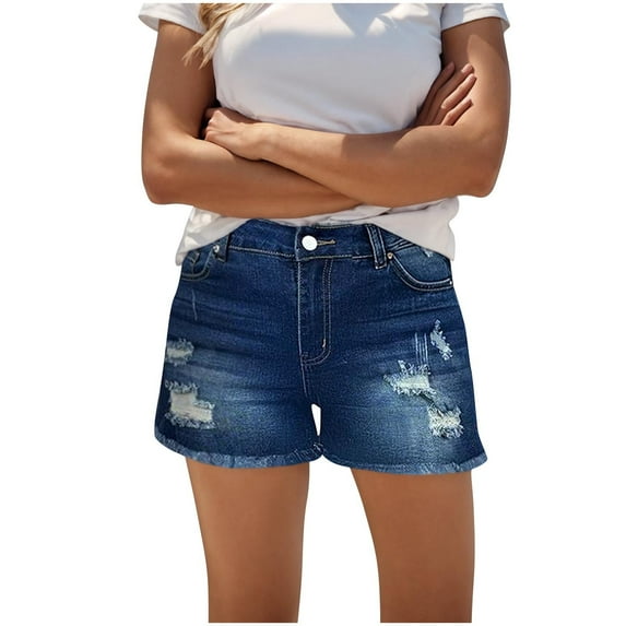 Lenpel Jean Shorts for Women High Rise Ripped Stretchy Frayed Hem Casual Denim Shorts Trendy Summer Shorts