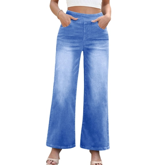Lenpel Jeans for Women Elastic High Waisted Pull on Stretchy Wide Leg Pants Baggy Trendy Casual Pants with Pockets