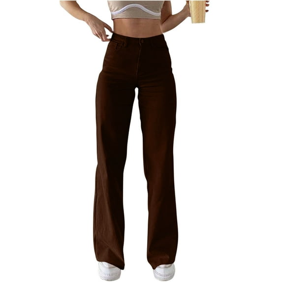 Lenpel Jeans for Women Fashion High Waisted Straight Leg Denim Pants Loose Trendy Casual Trousers with Pockets(Brown,X-Small)