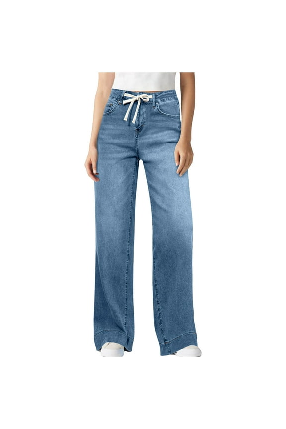 Jeans for Women High Waisted Drawstring Wide Leg Denim Pants Baggy Trendy Casual Trousers with Pockets(Light Blue,Small)