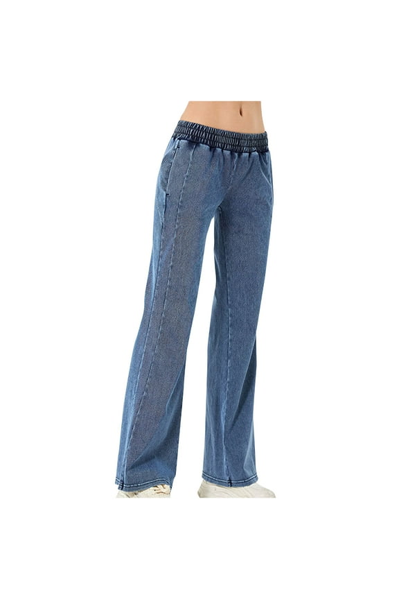 Jeans for Women Loose Elastic High Waisted Stretchy Straight Leg Pull on Pants Trendy Casual Trousers with Pockets
