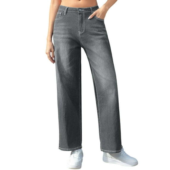 Lenpel Jeans for Women Zipper Button Elastic High Waisted Wide Leg Denim Pants Baggy Casual Trousers with Pockets(Gray,Medium)