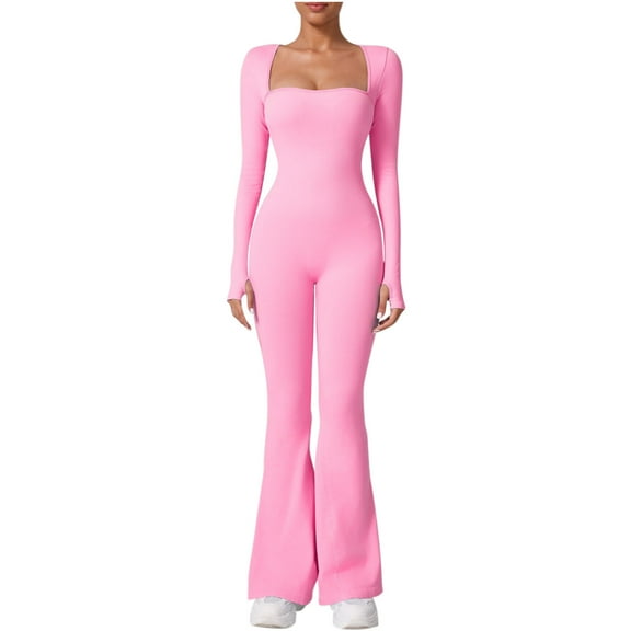 Lenpel Jumpsuit for Women Long Sleeve Square Neck Slim Flare Leg Workout Yoga Rompers Bell Bottom Bodysuits