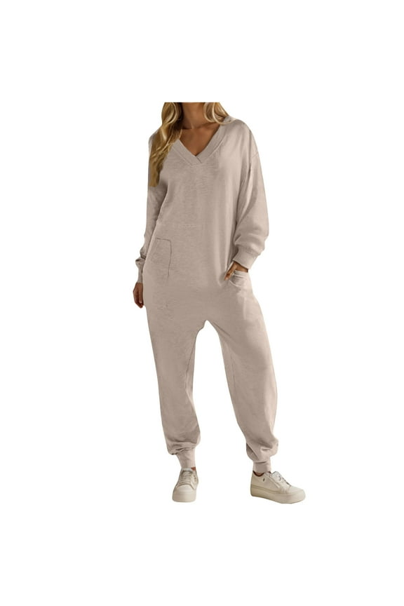 Jumpsuits for Women Fall Long Sleeve V Neck Loose Casual Romper Lounge Pajamas Outfits with Pockets