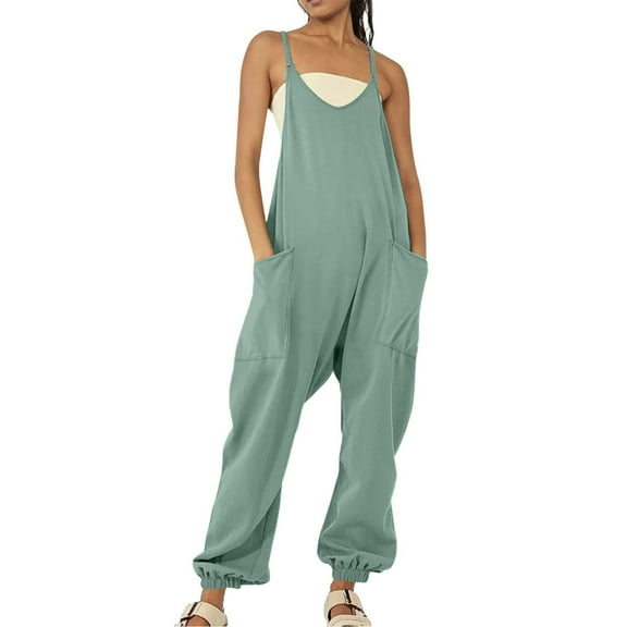 Lenpel Jumpsuits for Women Summer Casual Sleeveless Spaghetti Strap V Neck Rompers Baggy Overalls with Pockets