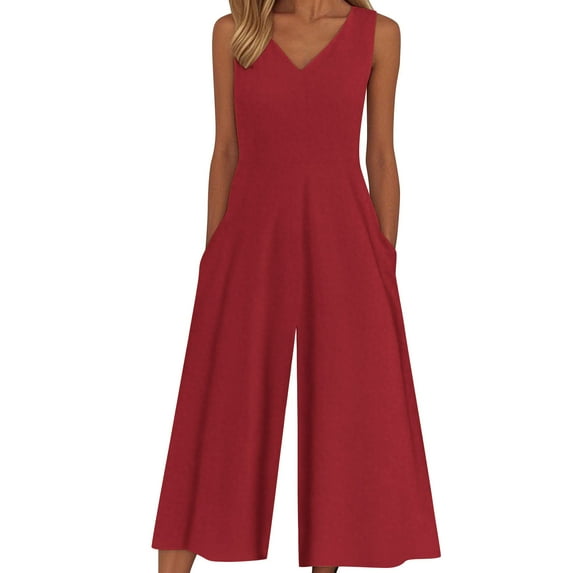 Lenpel Jumpsuits for Women Casual Loose Sleeveless V Neck Wide Leg Rompers with Pockets One Piece Vacation Summer Outfits