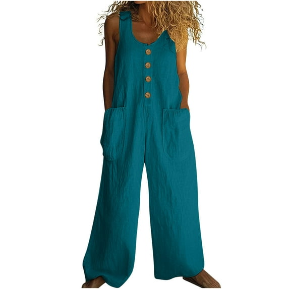 Lenpel Jumpsuits for Women Cotton Linen Casual Sleeveless Scoop Neck Half Button Wide Leg Rompers Beach Vacation Summer Outfits