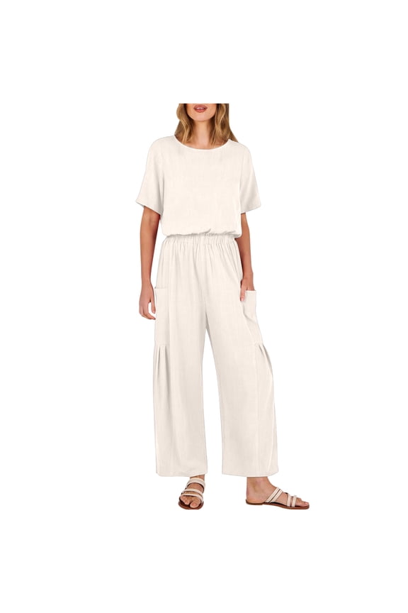 Jumpsuits for Women Cotton Linen Short Sleeve Elastic Waist Wide Leg Long Pants Casual Summer Rompers with Pockets