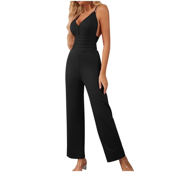 Lenpel Jumpsuits for Women Dressy Casual Sleeveless V Neck Spaghetti Strap Straight Leg Rompers Spring Summer Outfits